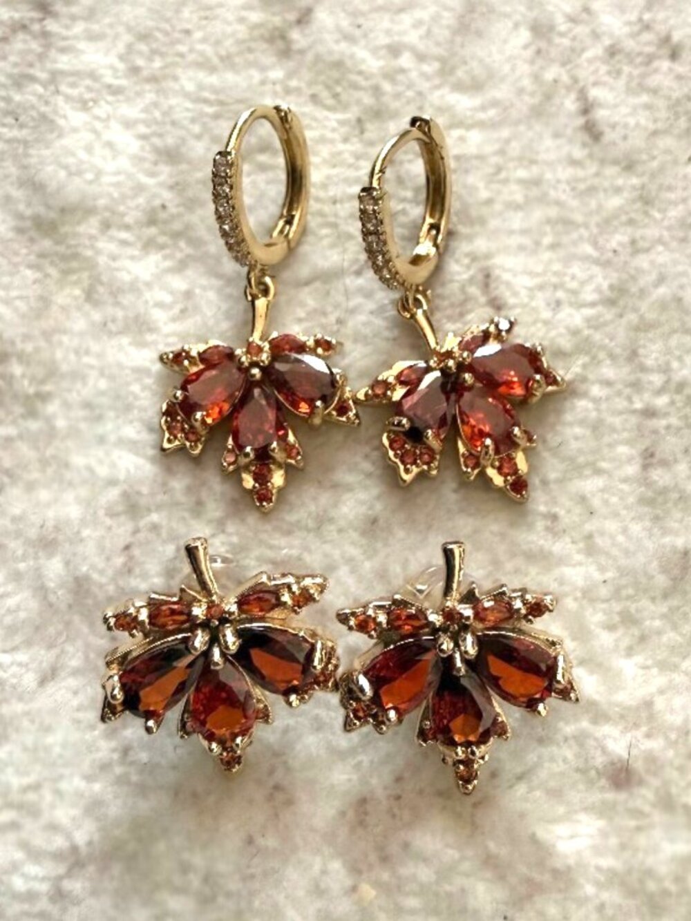 Autumn Gold Tone Red Crystal Earring Set | 2 Pair Bundle - Picture 2 of 3